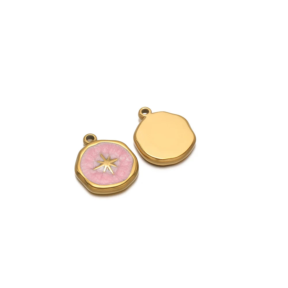 Enamel star charm pendant, pink round with gold-tone border and plain gold-tone charm