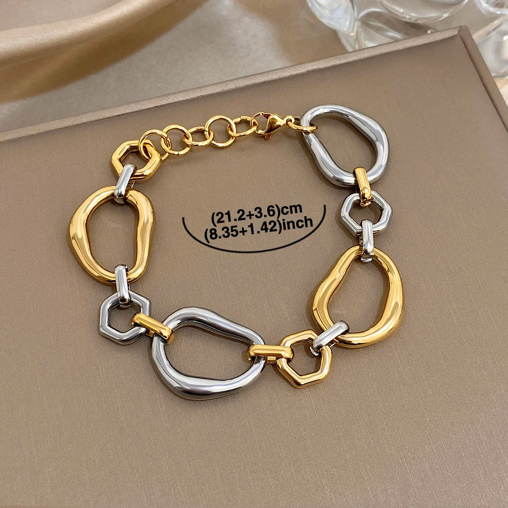 Irregular Geometric Circle Chain Bracelets for Women Fashion Two Tone Stainless Steel Wristband Bracelet Waterproof Jewelry
