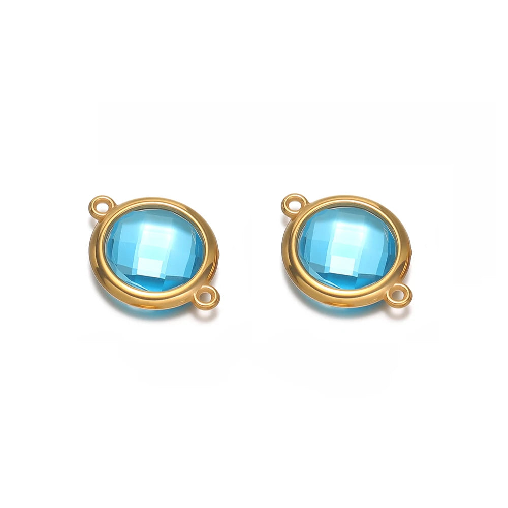 Round faceted glass earring charms in blue with gold-tone metal loops (pair)