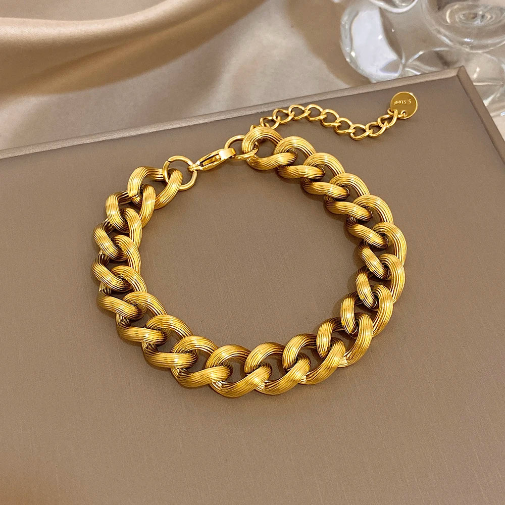 Vintage Geometric Woven Textured Thick Chain Bracelet Classic Stainless Steel Gold Plated Wrist Bracelets Waterproof Jewelry
