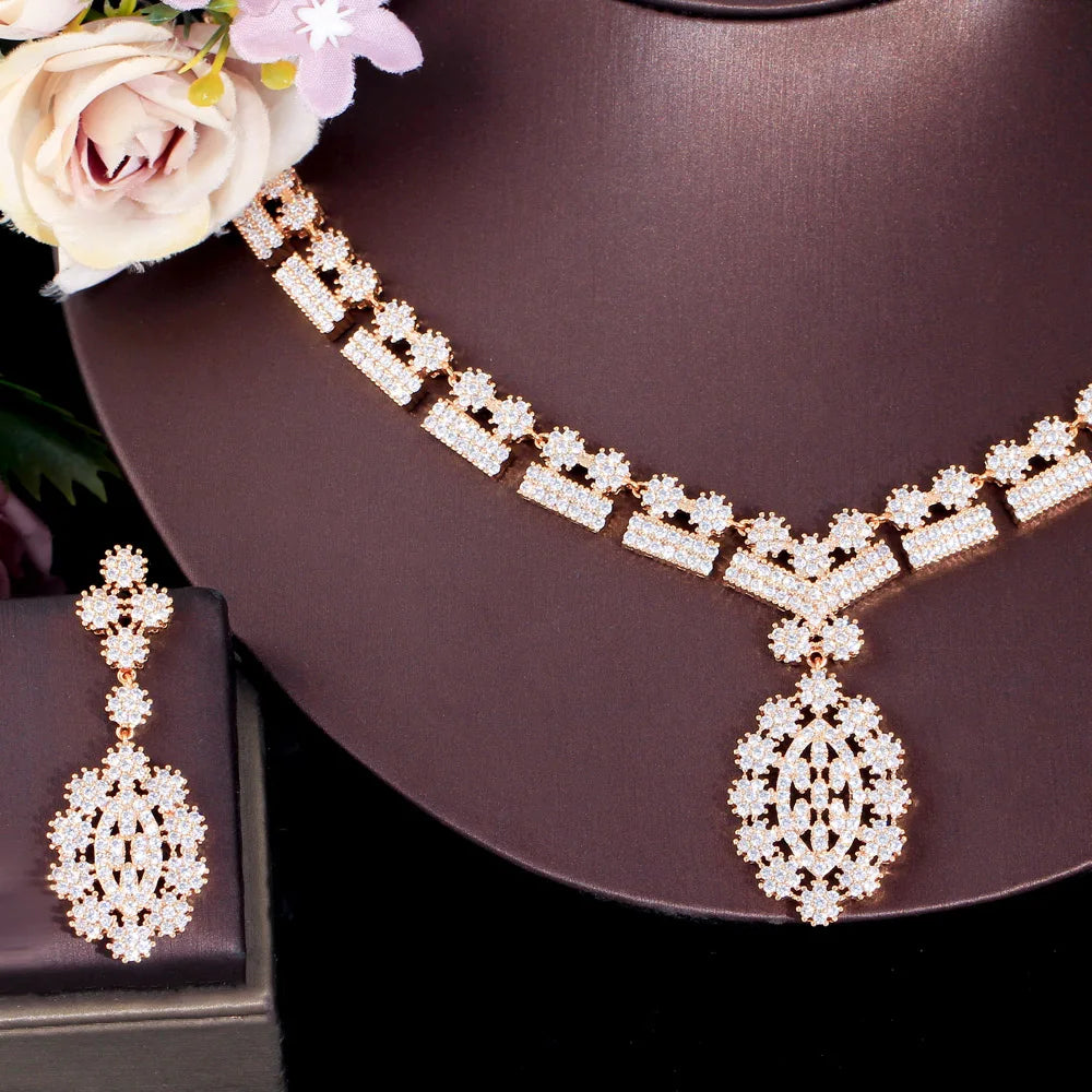 Gold-tone zirconia tennis-style necklace with large round drop earrings