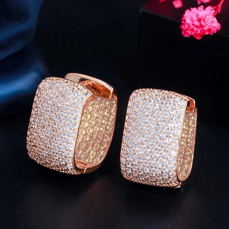 Square cubic zirconia hoop earrings in rose-gold tone, full sparkling stone face