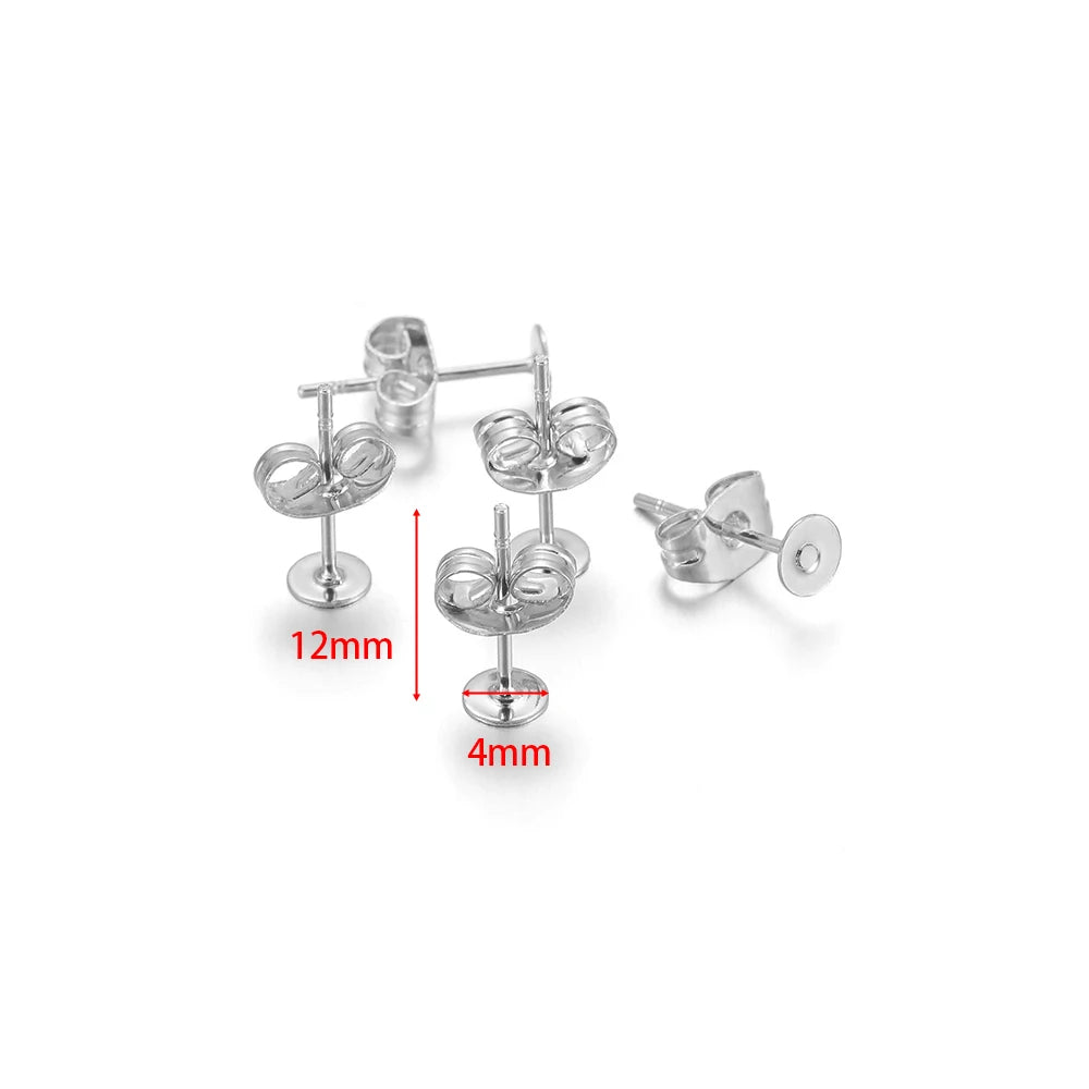 Silver round flat stud earring settings with size markers: 12mm length, 4mm base