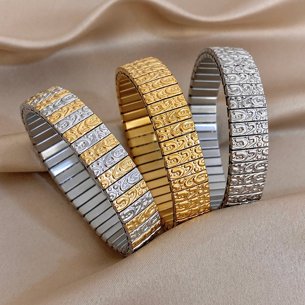 Irregular Geometric Textured Wide Bangle Bracelets Vintage Chunky Stainless Steel Elastic Watchband Bracelet Waterproof Jewelry