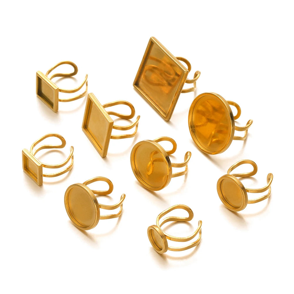 Gold-tone open cabochon ring bases with square and round bezel settings