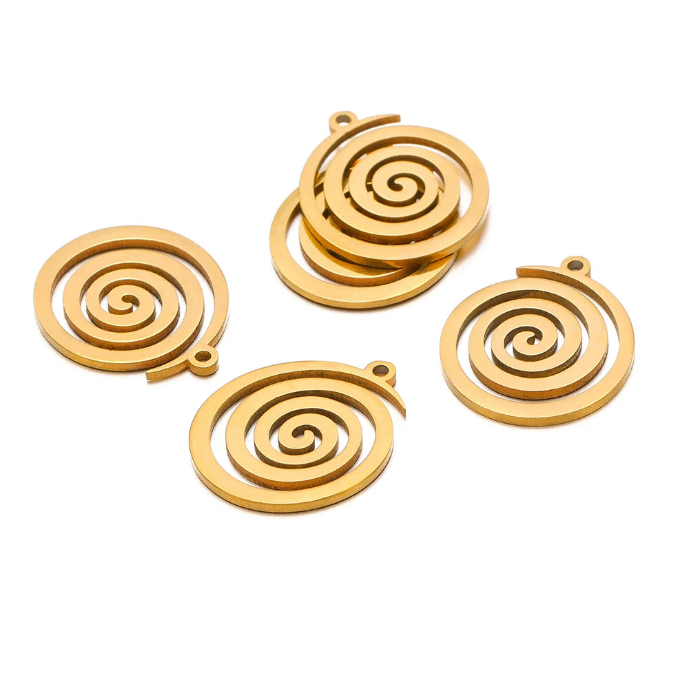 Gold spiral round charm pendant with loop bail and swirl inlay, set of 5