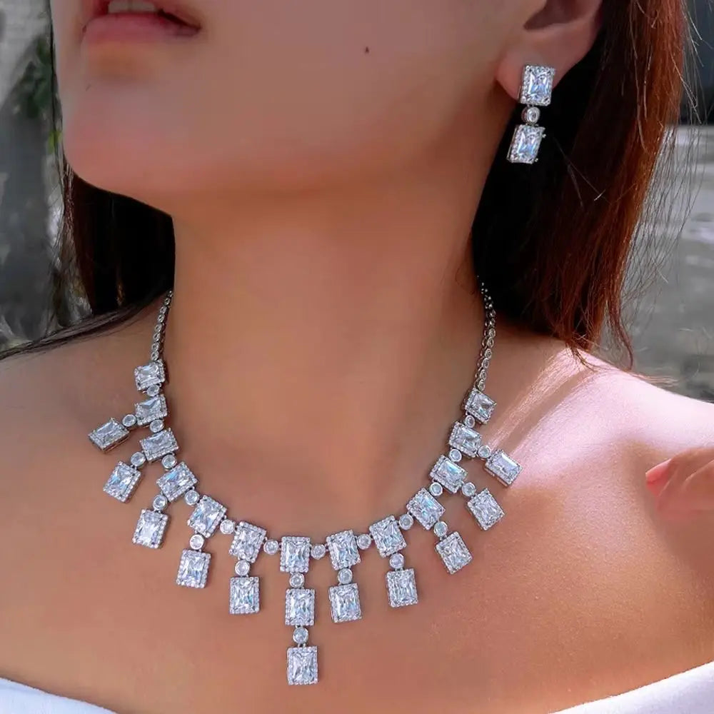 Square-cut crystal CZ necklace with matching drop tassel earrings set