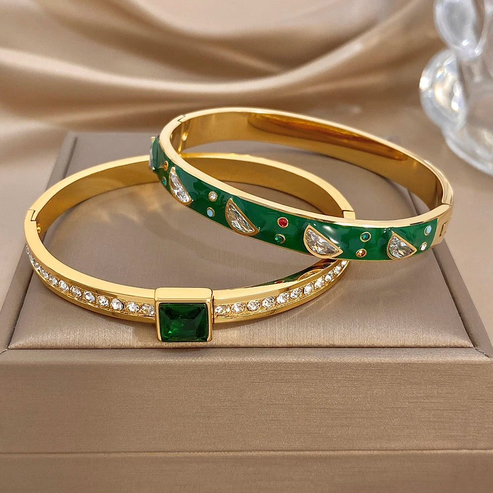 Delicate Green Enamel Stainless Steel Bangle for Women Glossy Colorful Zircon Stainless Steel Cuff Bracelets Waterproof Jewelry
