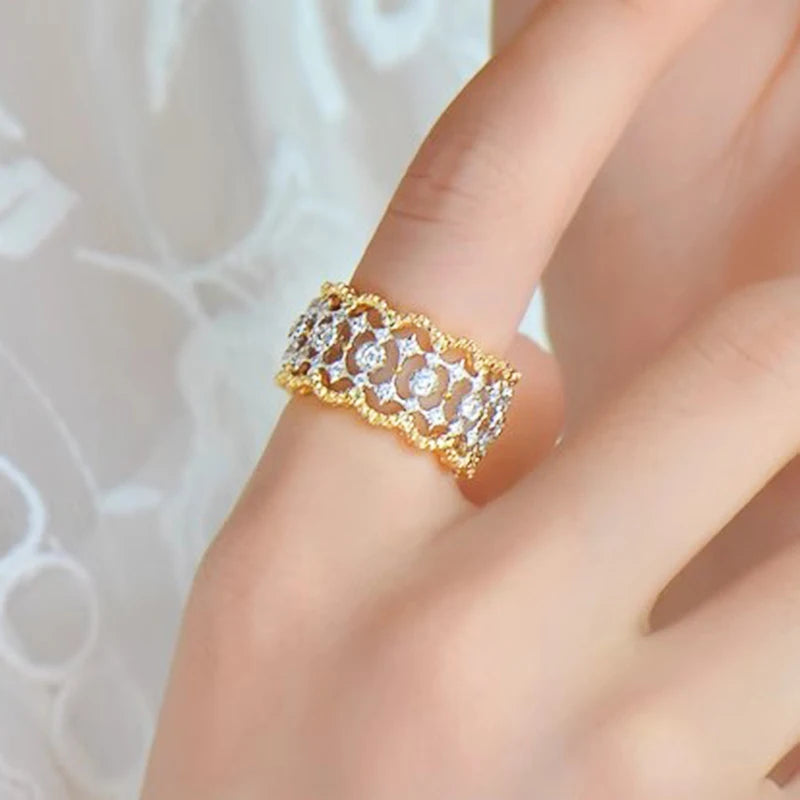Luxury Hollow-out Design Ring For Women Two-tone Style Zirconia Jewelry