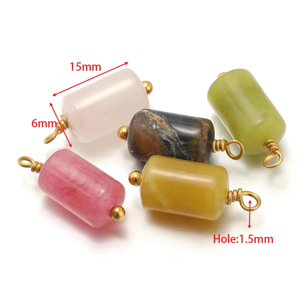 Cylinder stone charms, hole 1.5mm; size 15mm x 6mm; gold-tone loops