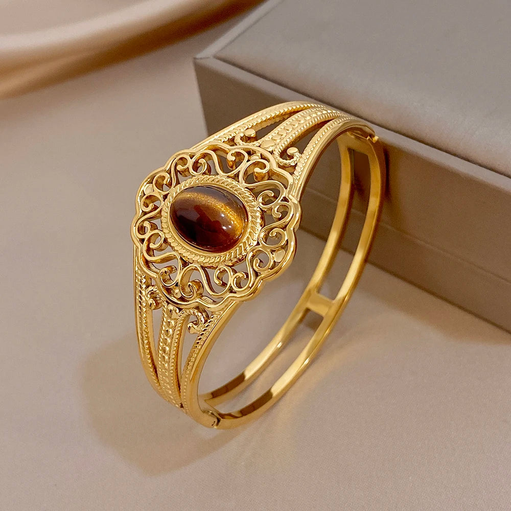 Retro Gold Plated Stainless Steel Cuff Bangle for Women Exaggerated Carved Flower Tiger's Eye Stone Bracelets Waterproof Jewelry