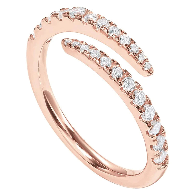 Rose gold open zirconia ring with two rows of round clear stones, adjustable band