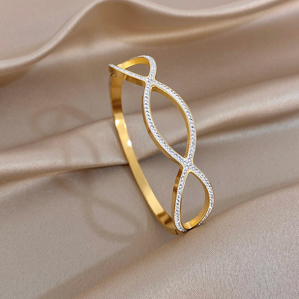Irregular Gold Plated Stainless Steel Cuff Bangle for Women Exaggerated Geometric Zircon Wide Bracelets Waterproof Jewelry Set
