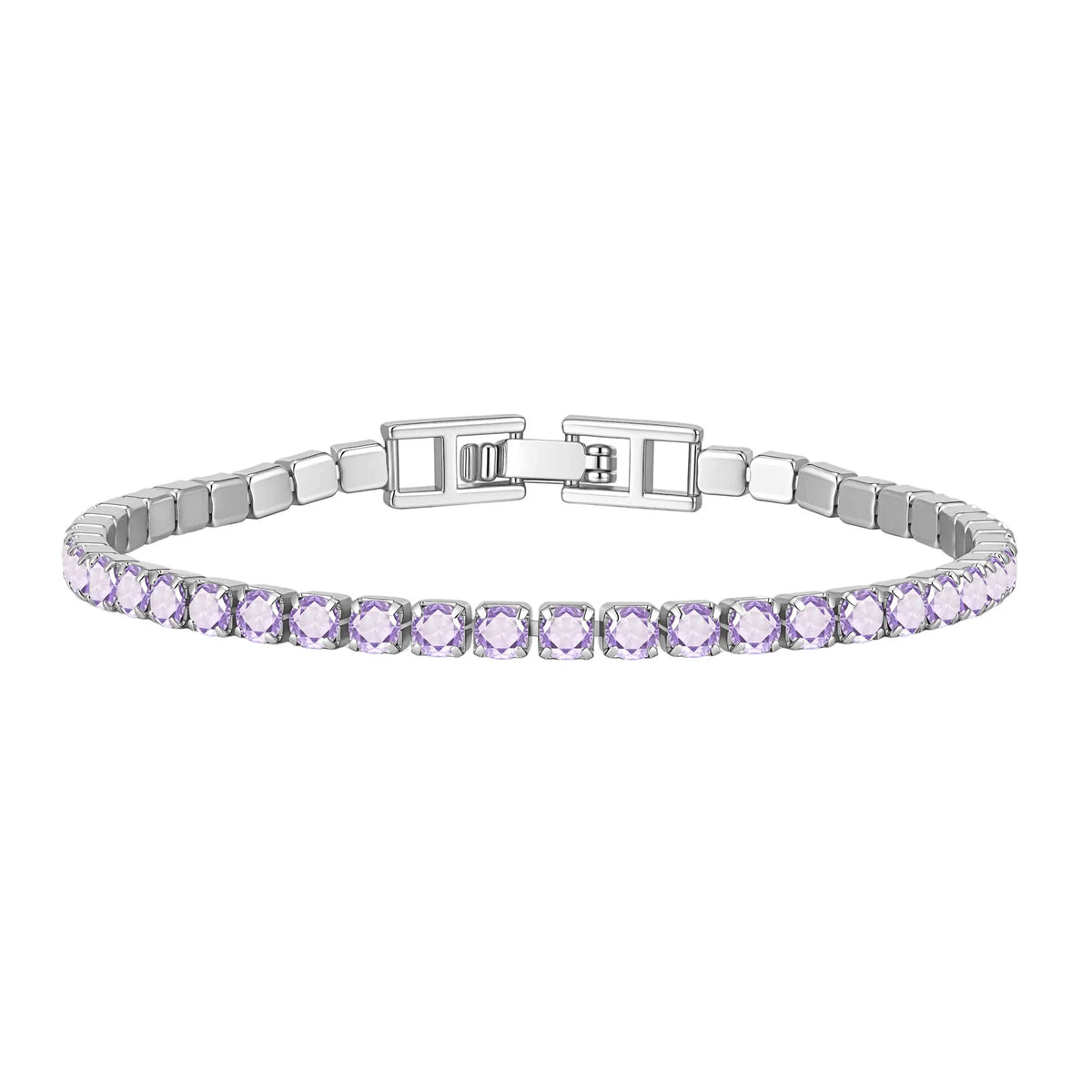 Silver tennis bracelet with lavender cubic zirconia stones and hinged clasp detail
