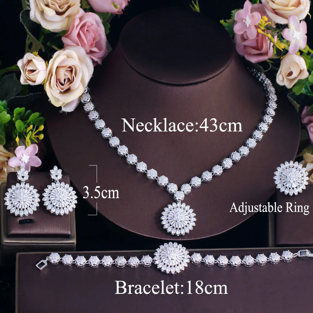 Sunflower zirconia jewelry set display: adjustable ring, choker necklace, bracelet, stud earrings.