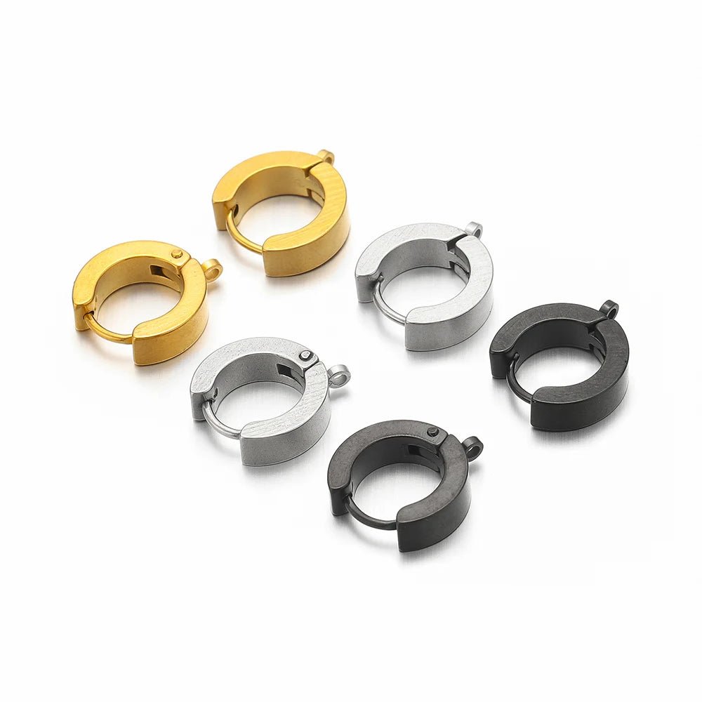 Assorted huggie hoop earring hook clips in gold, silver, and black finishes