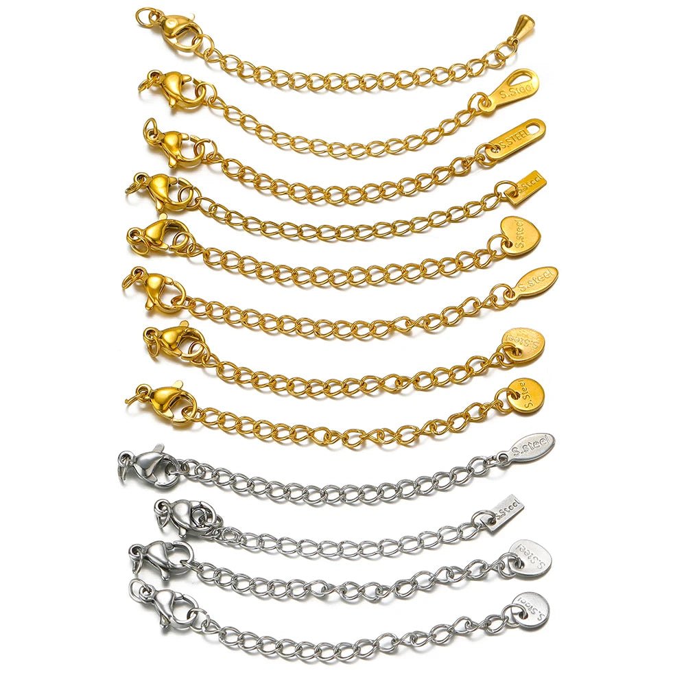 Lobster clasp extension tail chains in gold and silver with engraved end tags