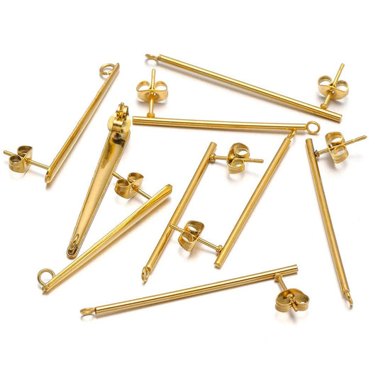 Gold long stick earring stud connector findings, 10pcs set