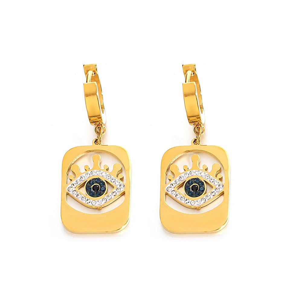 Gold-tone dangle earrings with rectangular eye charms and crystal accents