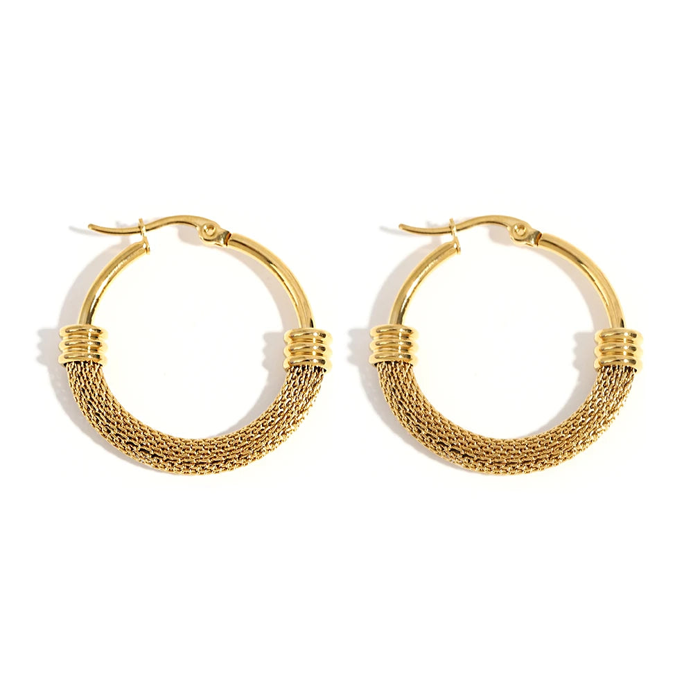 Gold-tone hoop earrings with fine mesh lower halves and wrapped accents