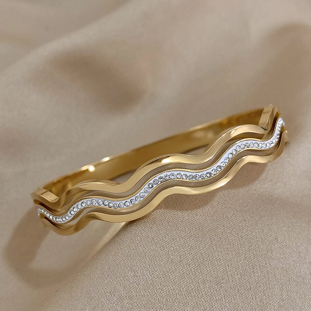 Exquisite Wave Stainless Steel Stackable Bracelets for Women Fashion Zircon Layered Gold Plated Cuff Bangle Waterproof Jewelry