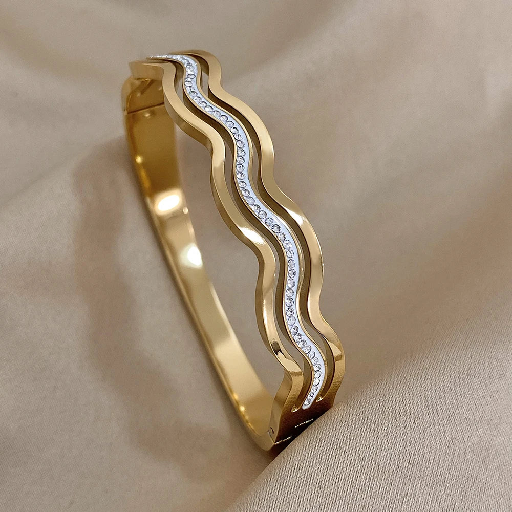 Exquisite Wave Stainless Steel Stackable Bracelets for Women Fashion Zircon Layered Gold Plated Cuff Bangle Waterproof Jewelry