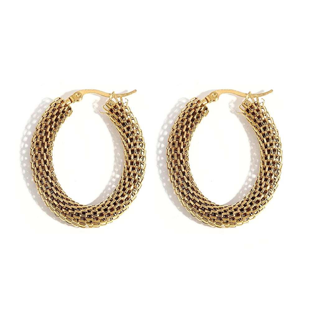 Gold-tone hoop earrings with tightly woven mesh-like bands