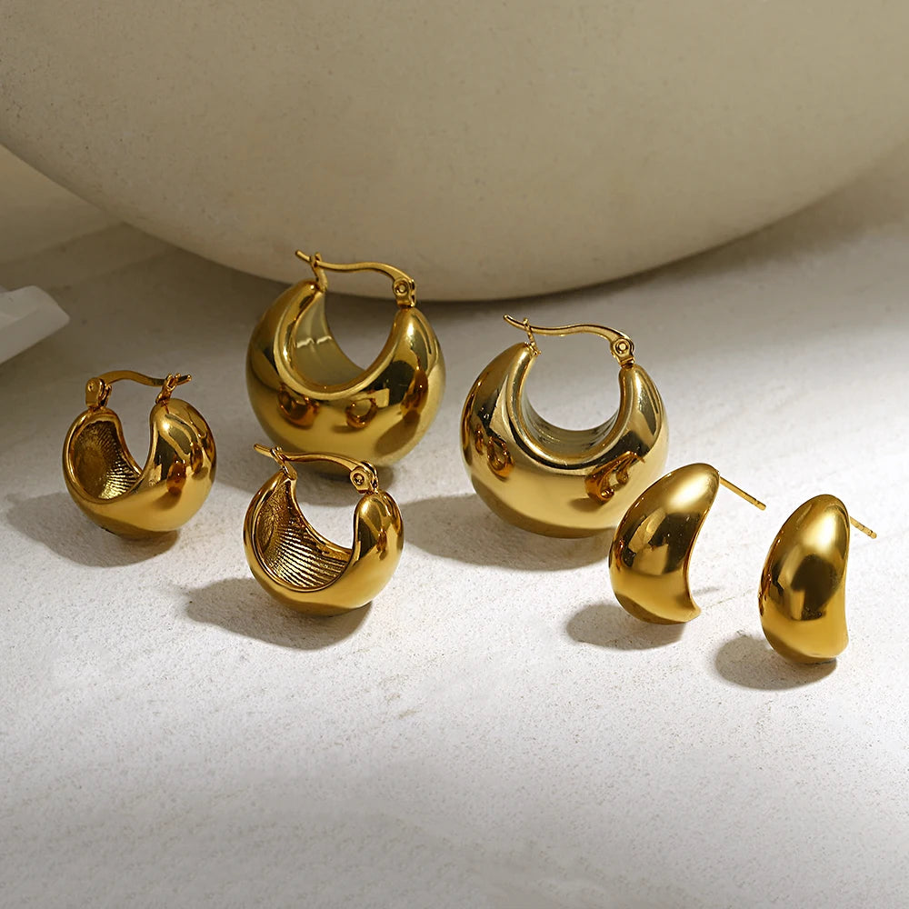 Gold-tone chunky dome hoop earrings shown from front and side angles