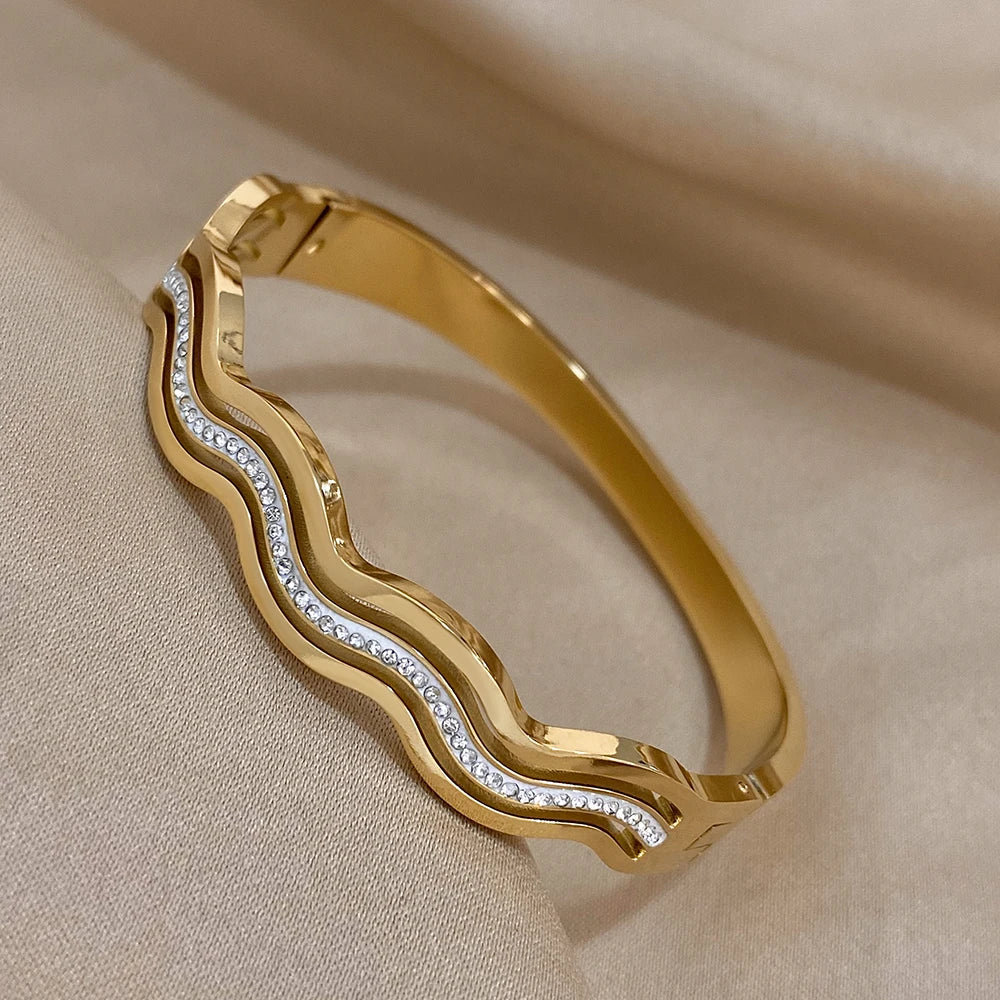 Exquisite Wave Stainless Steel Stackable Bracelets for Women Fashion Zircon Layered Gold Plated Cuff Bangle Waterproof Jewelry