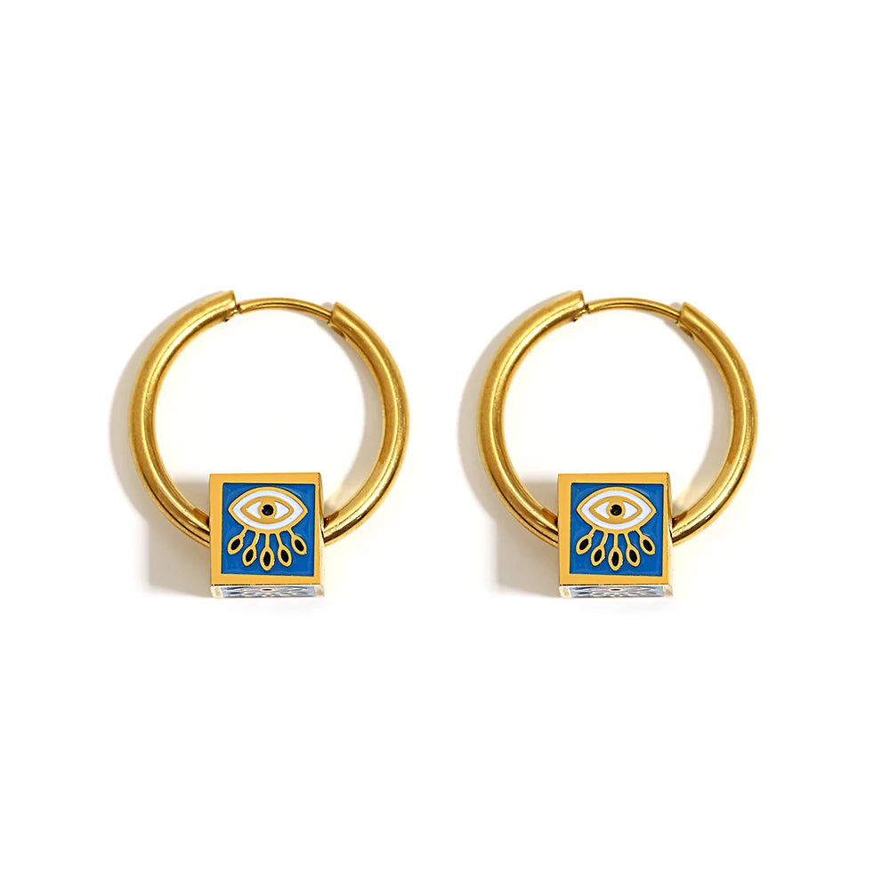 Gold-tone hoop earrings with square blue enamel evil eye charms