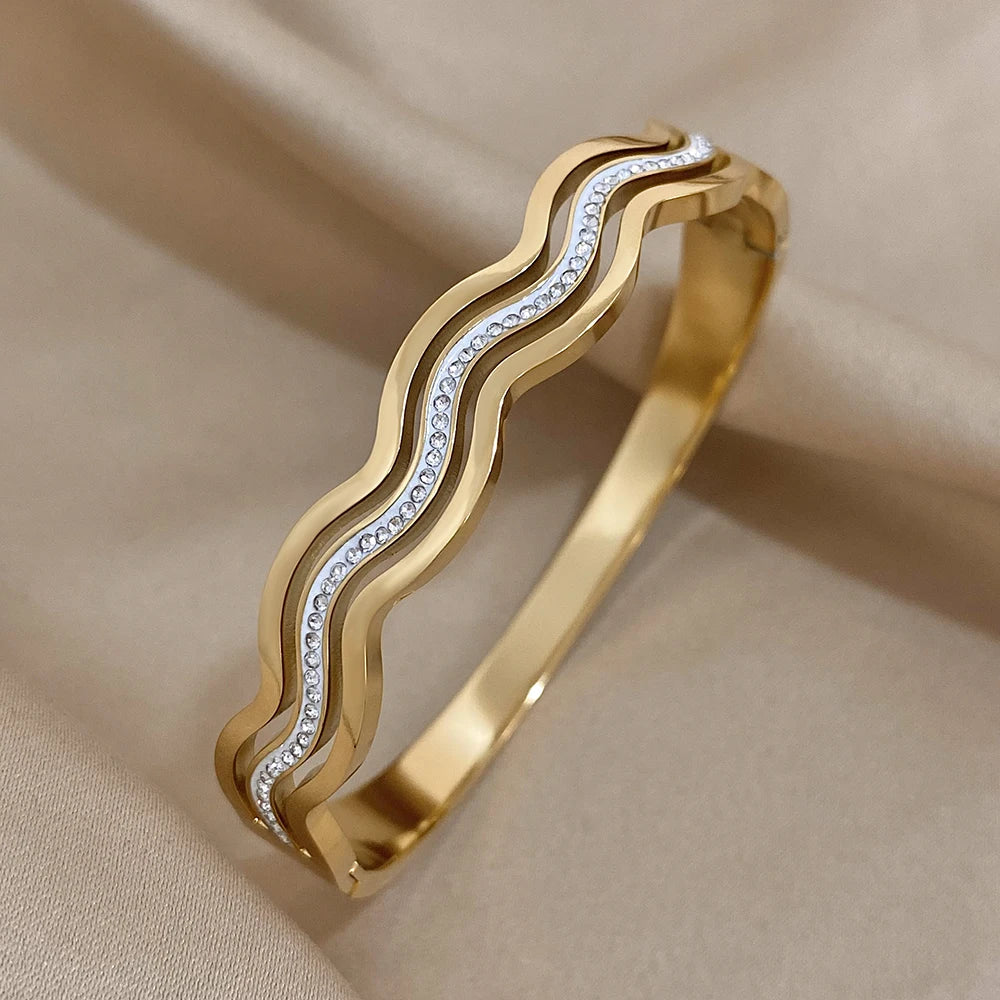 Exquisite Wave Stainless Steel Stackable Bracelets for Women Fashion Zircon Layered Gold Plated Cuff Bangle Waterproof Jewelry