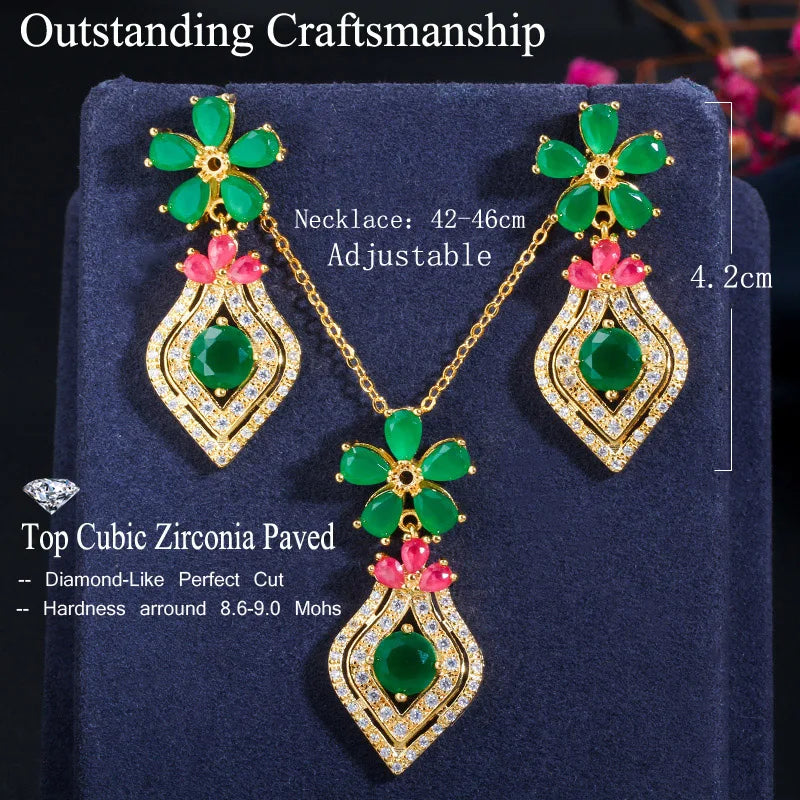 Gold-tone flower CZ necklace and drop earrings set with green and pink stones