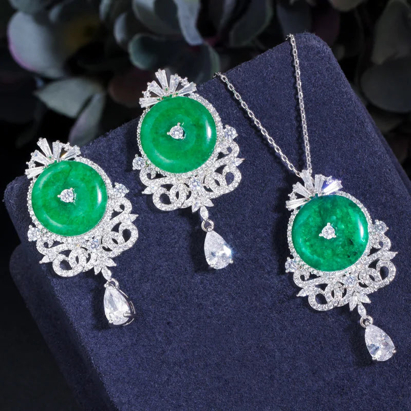 Green jade-style necklace and earrings set with zircon inlay and teardrop drops