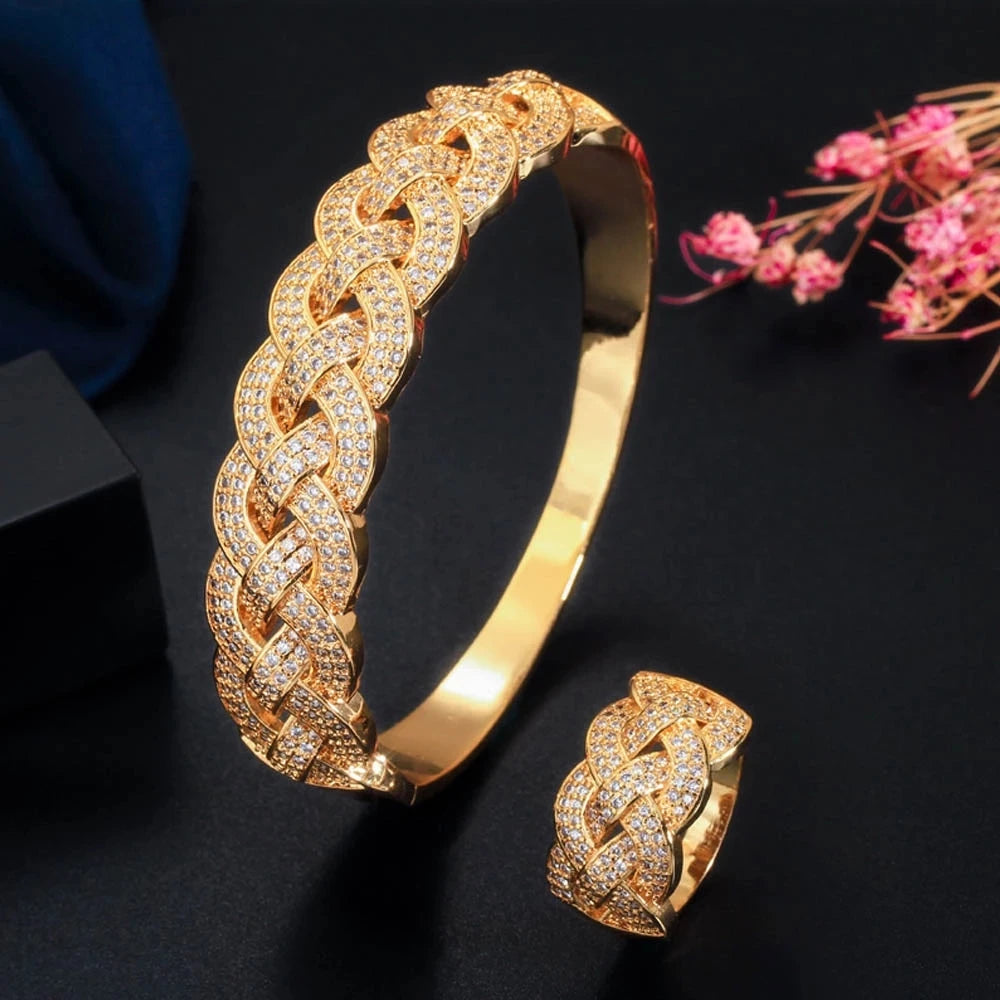 Yellow gold CZ bangle bracelet with matching link ring, open cut design