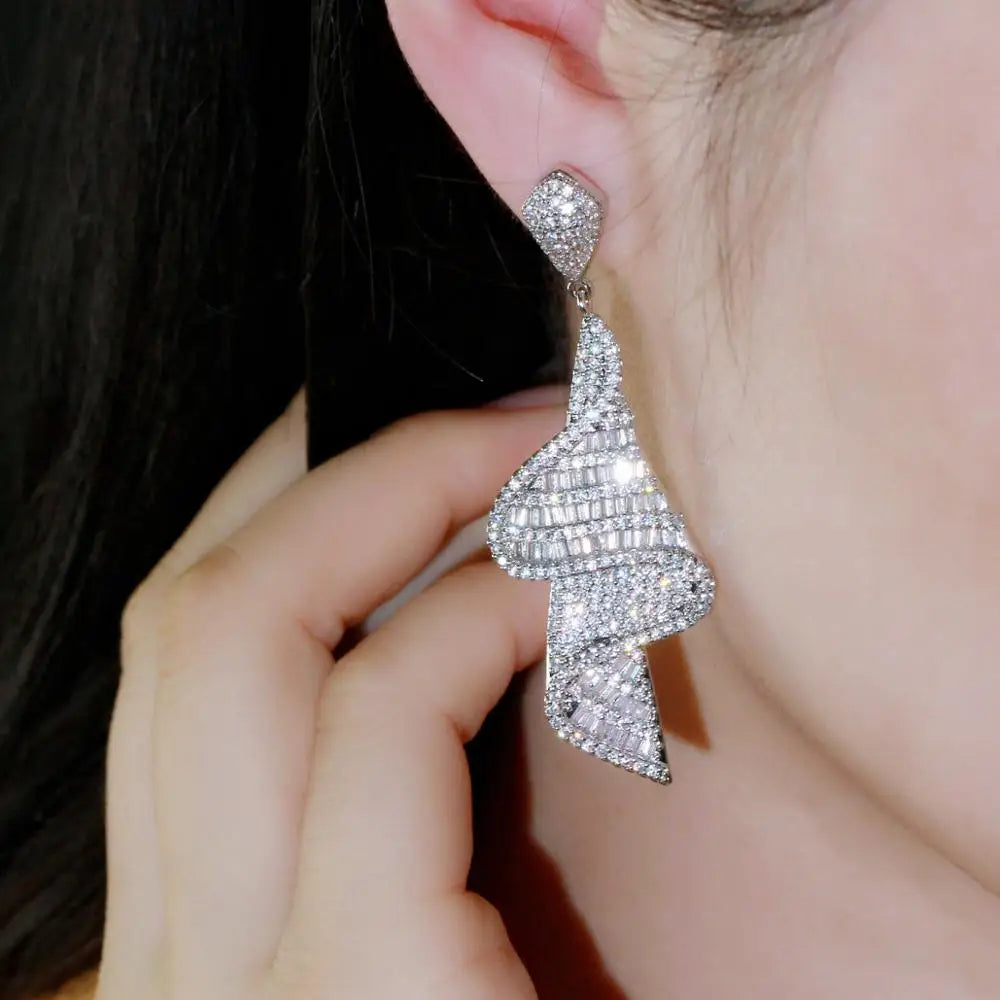 Big White Cubic Zirconia Long Drop Earrings for Women Geometric Sparkling Fancy Bridal Jewelry