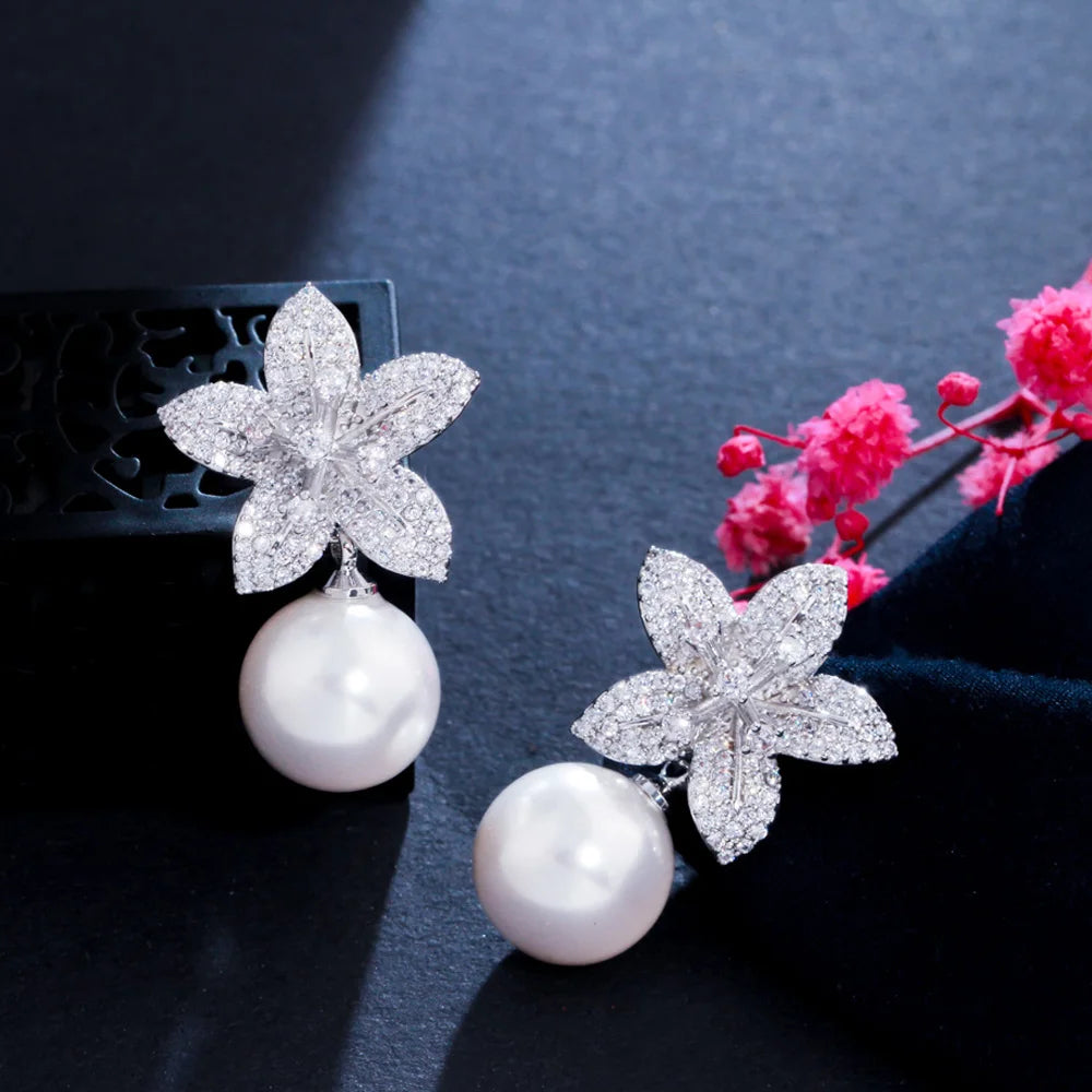 Fashion Dangle Pearl Cubic Zirconia Geometric Flower Drop Earrings for Women Daily Wear Jewelry