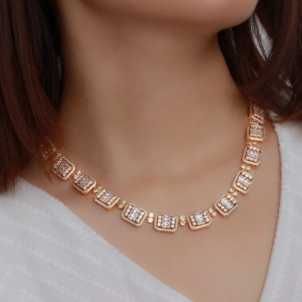 Geometric cubic zirconia bridal necklace, gold-tone square link design