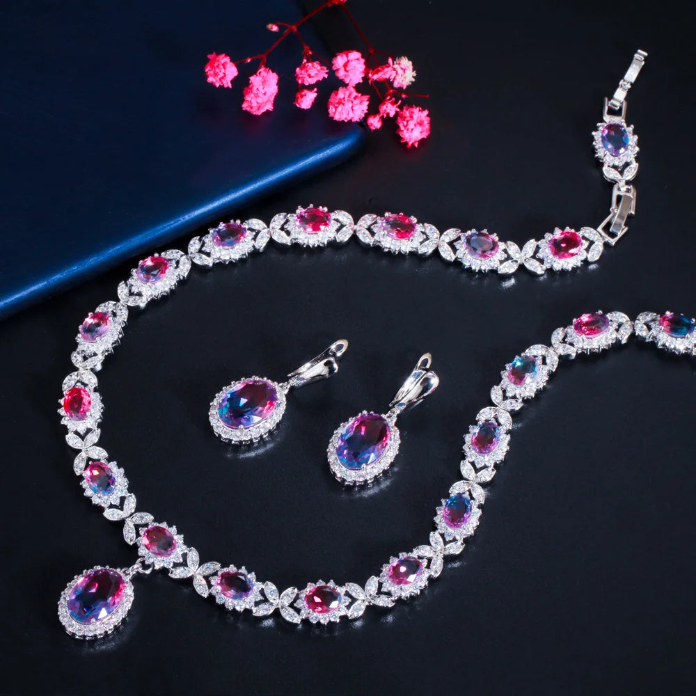 CZ oval gradient necklace and drop earrings set with silver-toned halo settings
