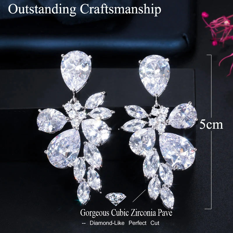 Pair of crystal flower drop earrings, shown at 5 cm long