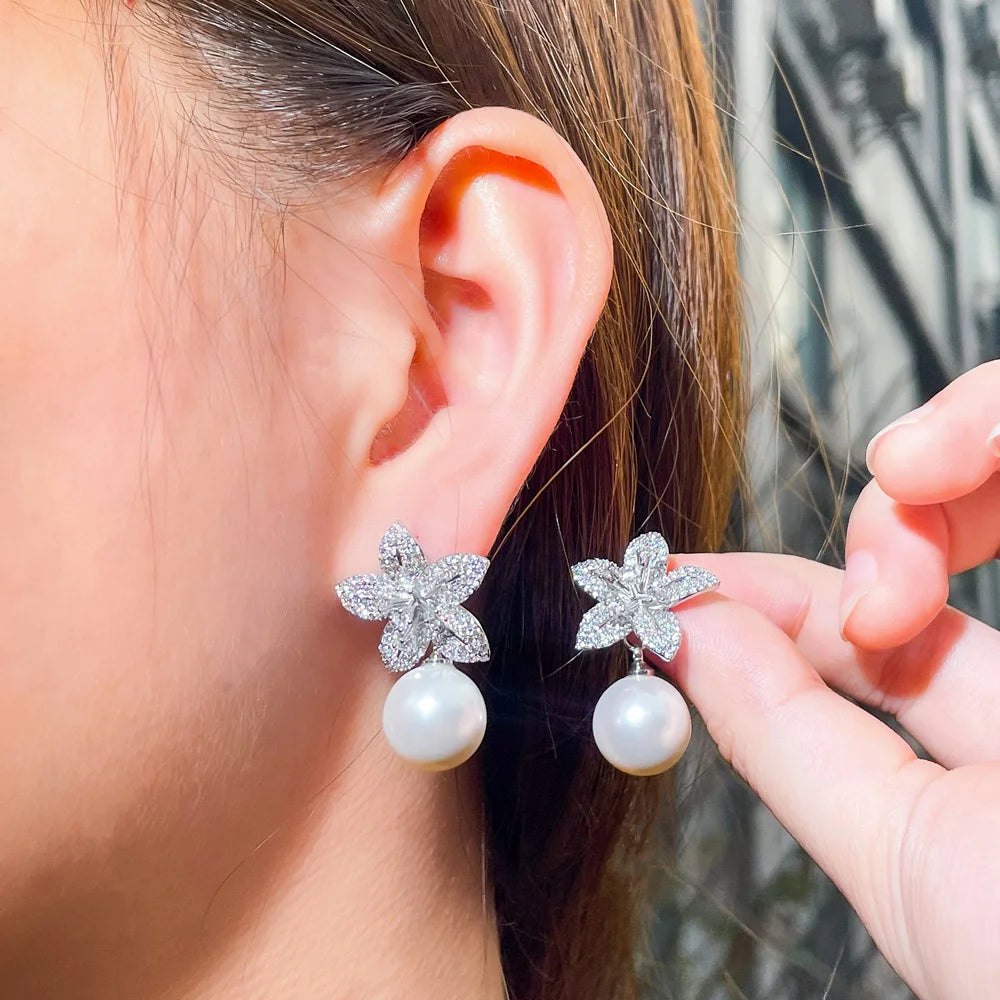Fashion Dangle Pearl Cubic Zirconia Geometric Flower Drop Earrings for Women Daily Wear Jewelry