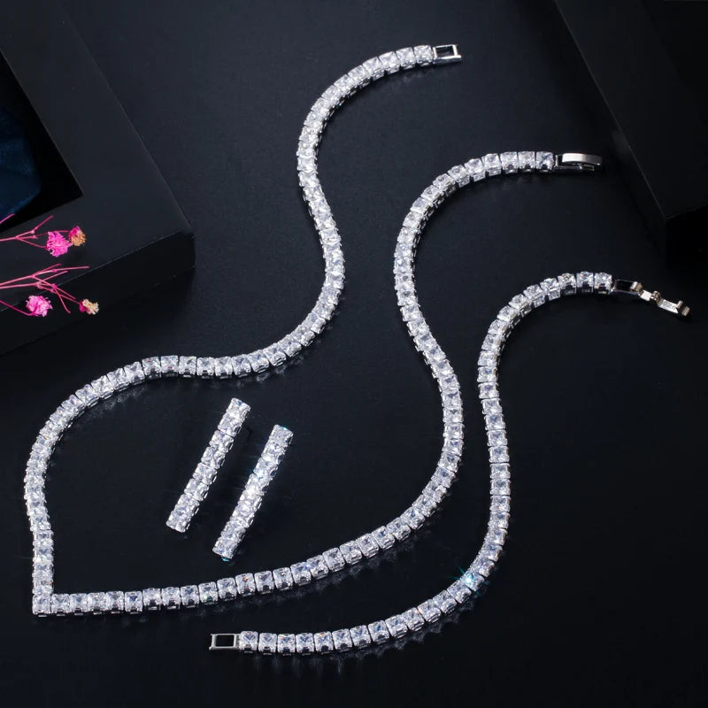 Silver-tone tennis necklace, bracelet and drop earrings with square cubic zirconia stones