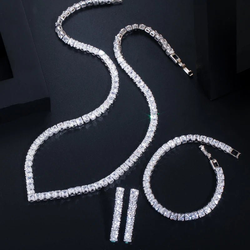 Silver-tone cubic zirconia jewelry set with tennis necklace, bracelet and drop earrings
