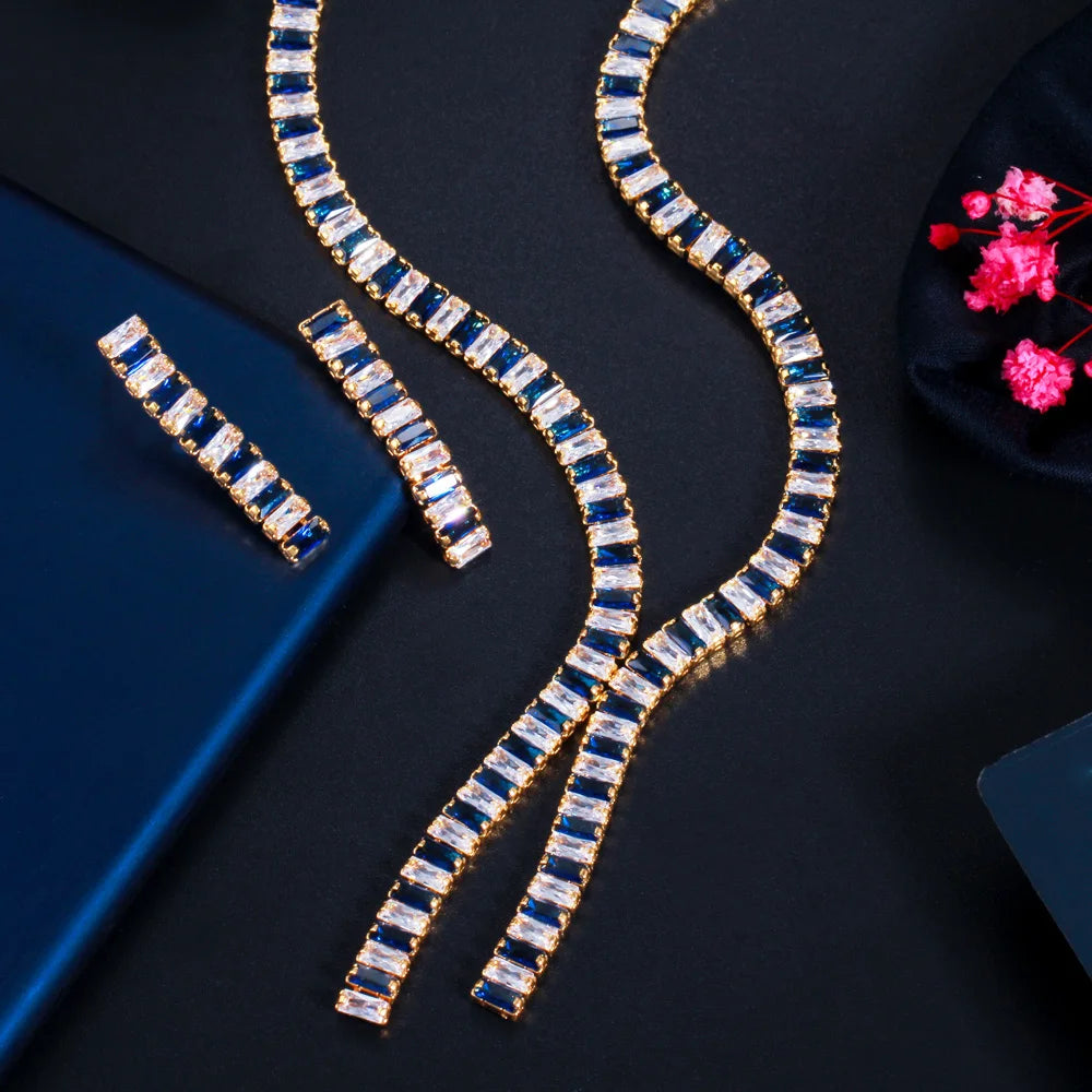 Blue baguette zircon necklace with matching drop earrings and gold-tone settings