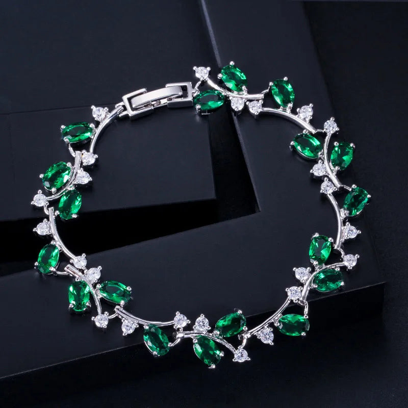 Silver-tone green and clear cubic zirconia leaf branch bracelet