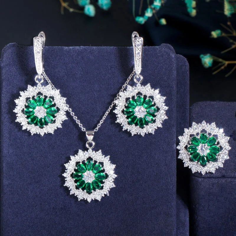 Green flower cubic zirconia jewelry set with silver hoop earrings and pendant necklace
