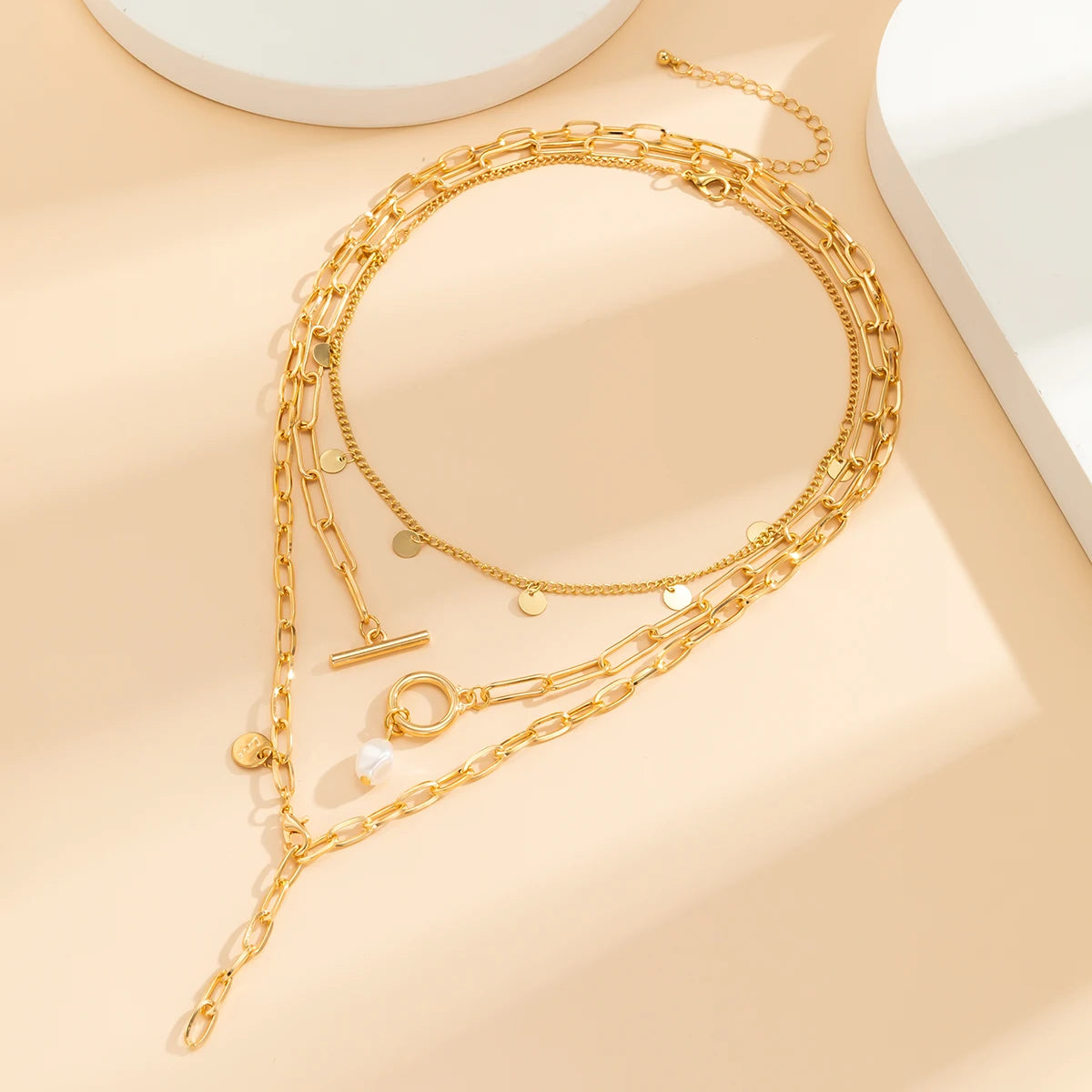 Women Trendy Long Tassel Necklace Punk Layered Chain with Imitation Pearl