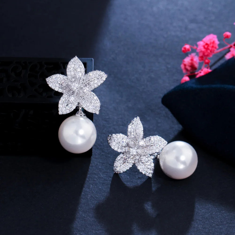 Fashion Dangle Pearl Cubic Zirconia Geometric Flower Drop Earrings for Women Daily Wear Jewelry