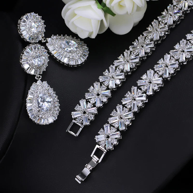 Silver-tone cubic zirconia earrings and necklace set with oval halo stones and tennis band
