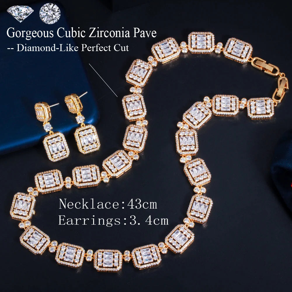 Gold-tone cubic zirconia necklace and earrings set with geometric square links
