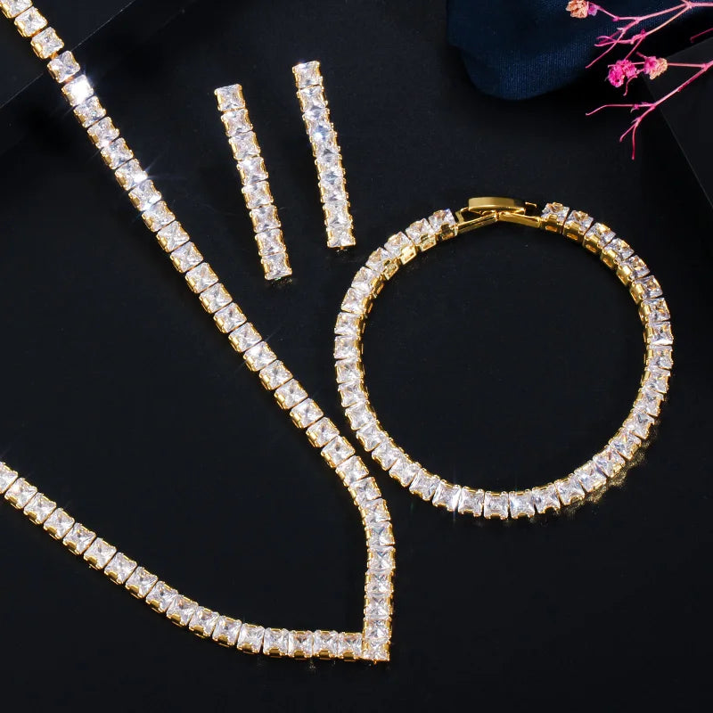 Gold cubic zirconia necklace set with V-shaped and circular link design